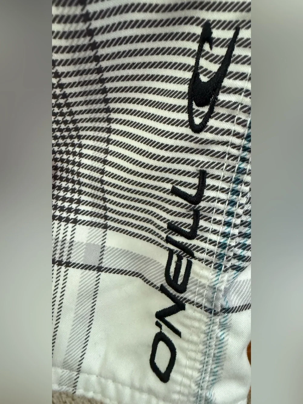 O'Neill Men’s White Plaid Swim Board Shorts with Gray, Black and Light Blue